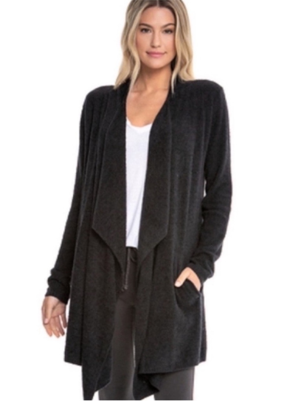 Barefoot Dreams Black Draped Open-Front Cardigan
